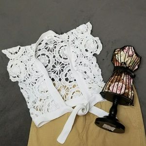 Old Navy White Crocheted Cap Sleeved Tie Shrug